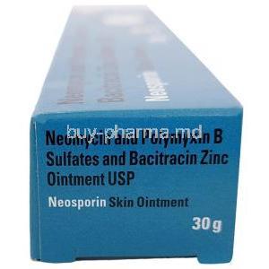 Neosporin Skin Ointment, Bacitracin 400 IU, Neomycin 3400 IU, Polymyxin B 5000 IU,Ointment 30g, GSK, Box side view