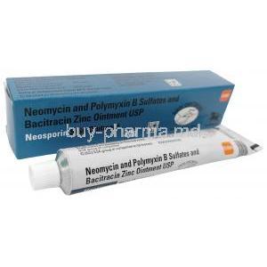 Neosporin Skin Ointment, Bacitracin 400 IU, Neomycin 3400 IU, Polymyxin B 5000 IU,Ointment 30g, GSK, Box, Tube