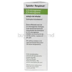 Spiolto Respimat Inhaler,Tiotropium 2.5mcg/ Olodaterol 2.5mcg, 60MD Inhaler, Boehringer Ingelheim, Box side view