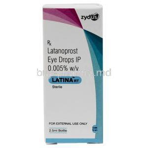 Latina RT Eye Drop, Latanoprost 0.005% w/v, Eye drop 2.5mL, Zydus Cadila, Box front view