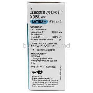 Latina RT Eye Drop, Latanoprost 0.005% w/v, Eye drop 2.5mL, Zydus Cadila,Box information, Composition