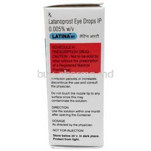 Latina RT Eye Drop, Latanoprost 0.005% w/v, Eye drop 2.5mL, Zydus Cadila,Box information, Dosage, Storage