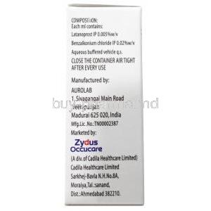 Latina RT Eye Drop, Latanoprost 0.005% w/v, Eye drop 2.5mL, Zydus Cadila,Box information,Manufacturer (Zydus)