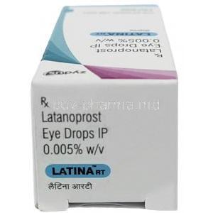 Latina RT Eye Drop, Latanoprost 0.005% w/v, Eye drop 2.5mL, Zydus Cadila,Box top view