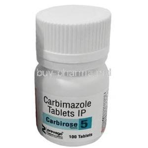 Carbirose, Carbimazole 5mg, 100tablets, Prevego Healthcare & Research Private Limited, Bottle front view