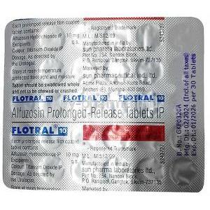 Flotral, Alfuzosin 10mg, 30tablets, Sun Pharma, Blisterpack information