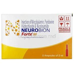 Neurobion RF Forte Injection, Methylcobalamin 1000 mcg / Vitamin B6 (Pyridoxine) 100 mg / Nicotinamide 100 mg, Ampoules 2mL X 5, Merck, Box front view