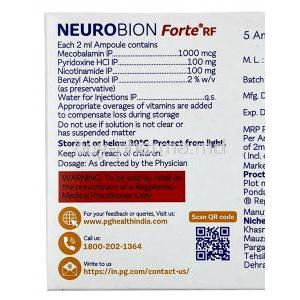 Neurobion RF Forte Injection, Methylcobalamin 1000 mcg / Vitamin B6 (Pyridoxine) 100 mg / Nicotinamide 100 mg, Ampoules 2mL X 5, Merck, Box information