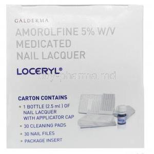 Loceryl Nail Lacquer with applicator cap, Amorolfine 5%, Nail Lacquer 2.5mL, Galderma India, Box information, Contents