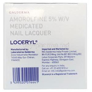 Loceryl Nail Lacquer with applicator cap, Amorolfine 5%, Nail Lacquer 2.5mL, Galderma India, Box information, Manufacturer