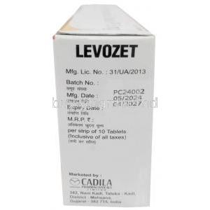 Levozet, Levocetirizine 5mg, Cadila Pharmaceuticals Ltd, Box information