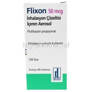 Flixon Inhaler, Fluticasone 50mcg, Inhaler 120MD, Deva,Box front view