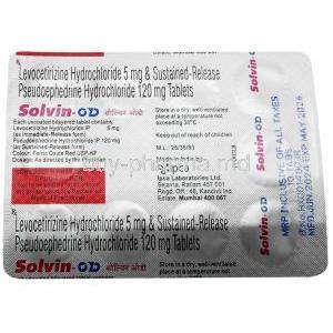 Solvin OD, Levocetirizine 5mg/ Pseudoephedrine 120mg, Ipca Laboratories Ltd, Blisterpack information