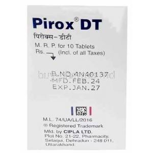 Pirox DT, Piroxicam 20mg, Tablet, Cipla, Box information, Mfg date, Exp date