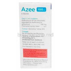 Azee Liquid, Azithromycin 100 mg per 5 mL, Oral Suspension 15mL, Cipla, Box information