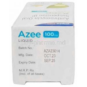 Azee Liquid, Azithromycin 100 mg per 5 mL, Oral Suspension 15mL, Cipla, Box information, Mfg date, Exp date