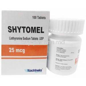 Shytomel, Liothyronine 25mcg, 100tablets(bottle), Kachhela Medex, Box, Bottle