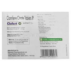 Clofert 25, Clomiphene 25mg, Maneesh Pharmaceuticals, Box information