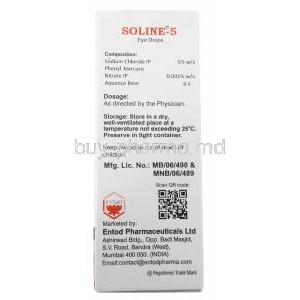 Soline 5 Eye Drop, Sodium Chloride 5% w/v, Eye drops 10mL, Entod Pharmaceuticals Ltd, Box information, Dosage, Storage