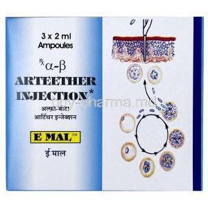 E Mal Injection, Arteether (Artemether) 150 mg, ampoule 2 mL X 3pcs, Themis Medicare, Box front view