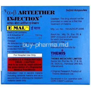 E Mal Injection, Arteether (Artemether) 150 mg, ampoule 2 mL X 3pcs, Themis Medicare, Box information