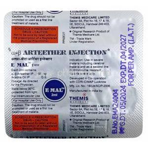 E Mal Injection, Arteether (Artemether) 150 mg, ampoule 2 mL X 3pcs, Themis Medicare, Sheet information