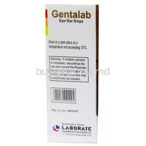 Gentalab EyeEar drops, Gentamicin 0.3%wv, Eye Ear Drops 10mL, Laborate Pharmaceuticals India, Box information, Warning, Storage