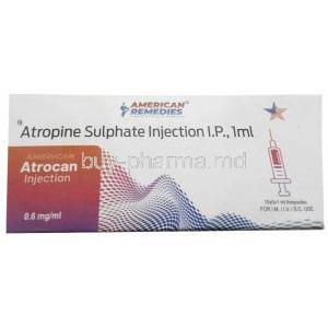 Atrocan Injection, Atropine 0.6 mg per mL,Ampoule 1mL, American Remedies, Box front view