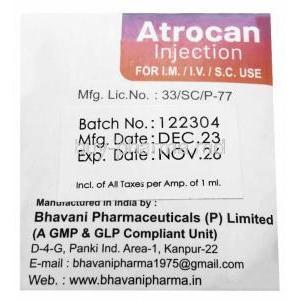 Atrocan Injection, Atropine 0.6 mg per mL,Ampoule 1mL, American Remedies, Box information, Mfg date, Exp date