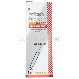 Alfakim Injection, Amikacin 500mg, Injection vial 2 mL, Ranbaxy, Box front view