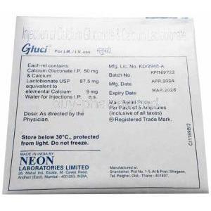 Gluci Injection,Calcium Gluconate 50mg, Calcium Lactobionate 87.5mg, Ampoule 10mL, Neon Laboratories, Box information