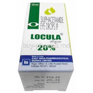 Locula Eye Drops, Sulphacetamide 20%, Eye Drops 10mL, East India Pharmaceutical Works Ltd, Box information, Mfg date, Exp date