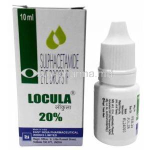 Locula Eye Drops, Sulphacetamide 20%, Eye Drops 10mL, East India Pharmaceutical Works Ltd, Box front view, Bottle information