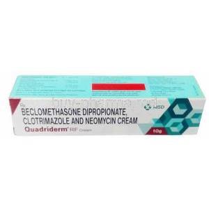 Quadriderm RF Cream, Beclomethasone 0.025% / Clotrimazole 1% / Neomycin 0.5%, Cream 10g, Fulford India, Box front view(New package)