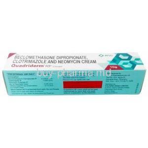 Quadriderm RF Cream, Beclomethasone 0.025% / Clotrimazole 1% / Neomycin 0.5%, Cream 10g, Fulford India, Box information, Manufacturer (New package)