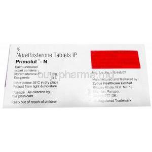 Primolut-N, Norethisterone 5 mg, Zydus Cadila, Box information,Manufacturer