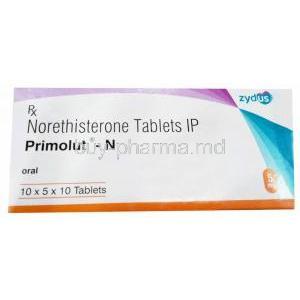 Primolut-N, Norethisterone 5 mg, Zydus Cadila, Box front view