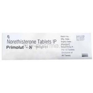 Primolut-N, Norethisterone 5 mg, Zydus Cadila, Box information, Mfg date, Exp date