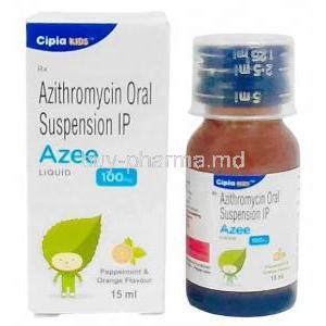 Azee Liquid, Azithromycin 100 mg per 5 mL, Oral Suspension 15mL, Cipla, Box, Bottle front view