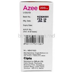 Azee Liquid, Azithromycin 200 mg/ 5 mL, Oral Suspension 15 mL, Box information, Mfg date, Exp date