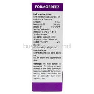 Formobreez Inhaler, Formoterol 6mcg, Budesonide 200mcg, Inhaler (CFC Free) 120MD, Sava  Healthcare, Box information,Dosage, Warning