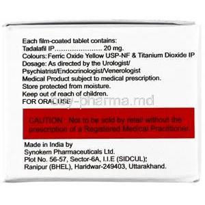 Tadact 20, Tadalafil  20 mg, Ipca Laboratories, Box information