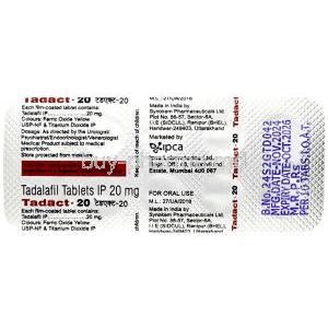 Tadact 20, Tadalafil  20 mg, Ipca Laboratories, Blisterpack information