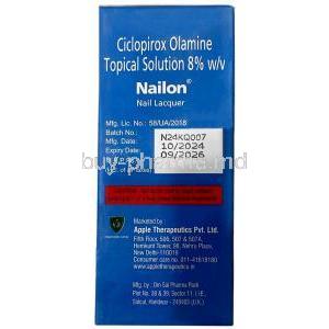 Nailon Nail Lacquer, Ciclopirox 8% wv, Nail Lacquer 5mL, Apple Therapeutics, Box information, Mfg date, Exp date