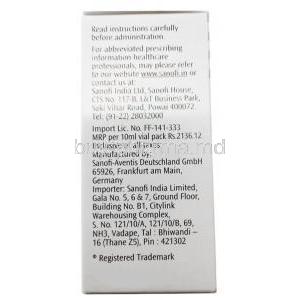 Lantus Solution for Injection, Insulin Glargine(Monocomponent Insulin Glargine r-DNA Origin) 100 IU per mL, Vial 10 mL, Sanofi India, Box information, Manufacturer