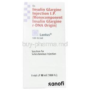 Lantus Solution for Injection, Insulin Glargine(Monocomponent Insulin Glargine r-DNA Origin) 100 IU per mL, Vial 10 mL, Sanofi India, Box side view