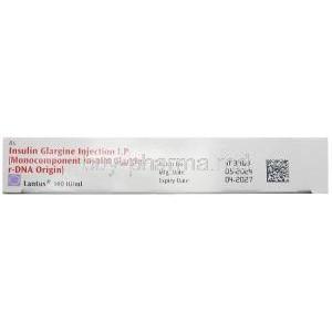 Lantus Solution for Injection, Insulin Glargine(Monocomponent Insulin Glargine r-DNA Origin) 100 IU per mL, Vial 10 mL, Sanofi India, Box information, Mfg date, Exp date