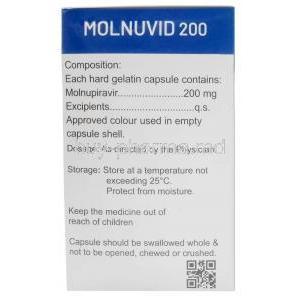 Molnuvid, Molnupiravir 200 mg, 40 capsules,Healing Pharma India Pvt Ltd, Box information, Dosage, Storage