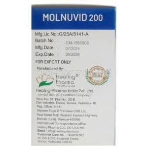 Molnuvid, Molnupiravir 200 mg, 40 capsules,Healing Pharma India Pvt Ltd, Box information, Mfg date, Exp date