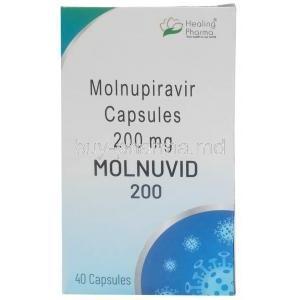 Molnuvid, Molnupiravir 200 mg, 40 capsules,Healing Pharma India Pvt Ltd, Box front view